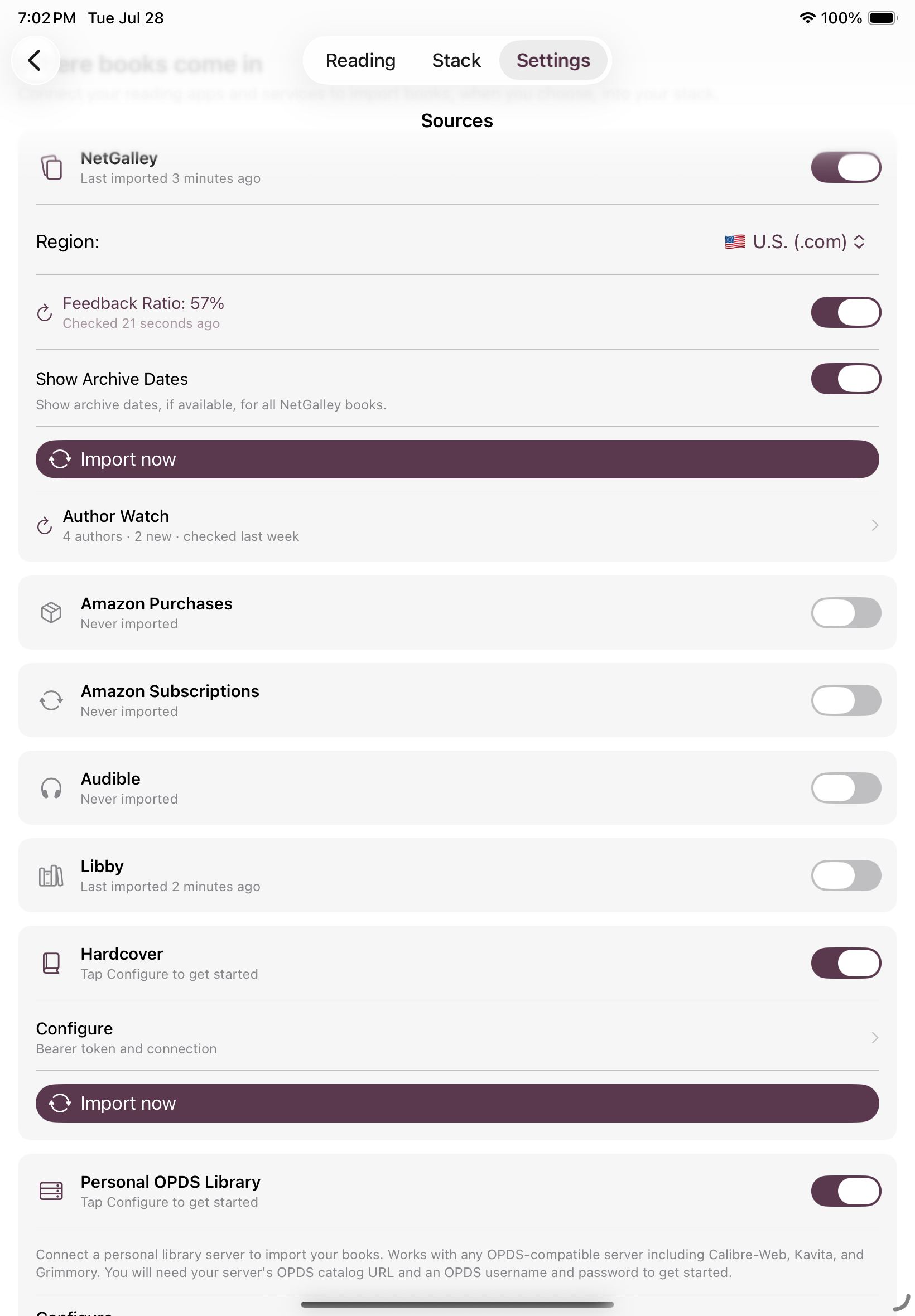 iPad screen showing Source Settings with toggles for NetGalley, Amazon Purchases, Amazon Subscriptions, Audible, Libby, Hardcover, and Personal OPDS Library, several enabled.