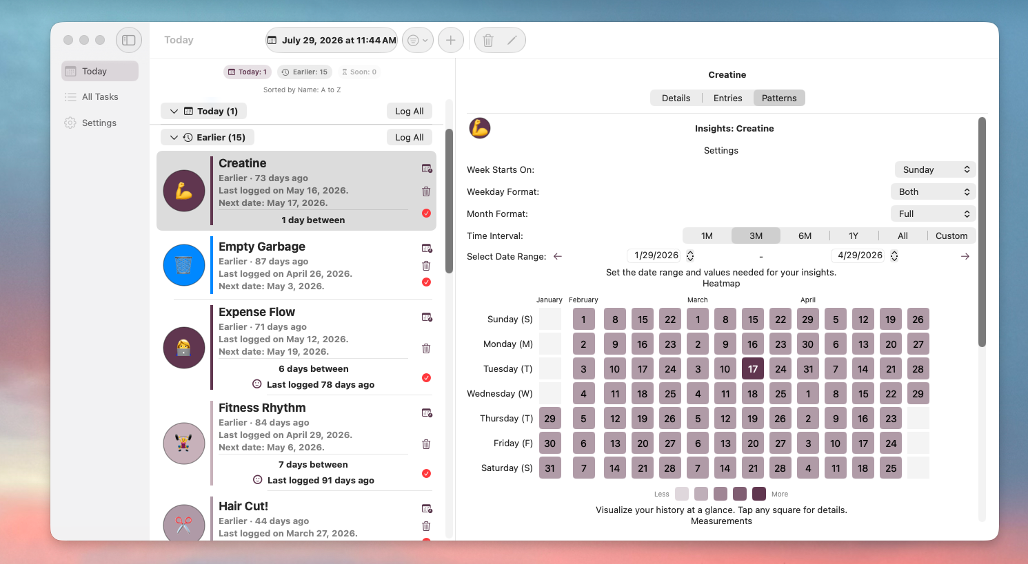Mac app window showing a task list sidebar and a heatmap calendar view of a Creatine task's logging history.