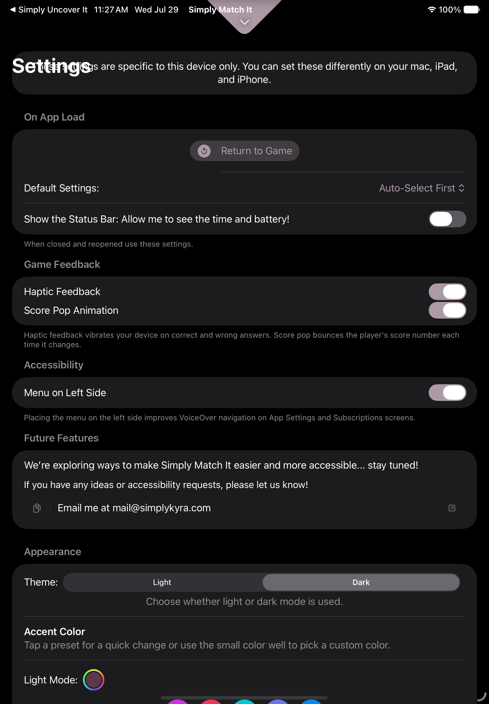 iPad settings screen in dark mode showing haptic feedback and score pop toggles, a Menu on Left Side accessibility toggle, and light/dark theme options.