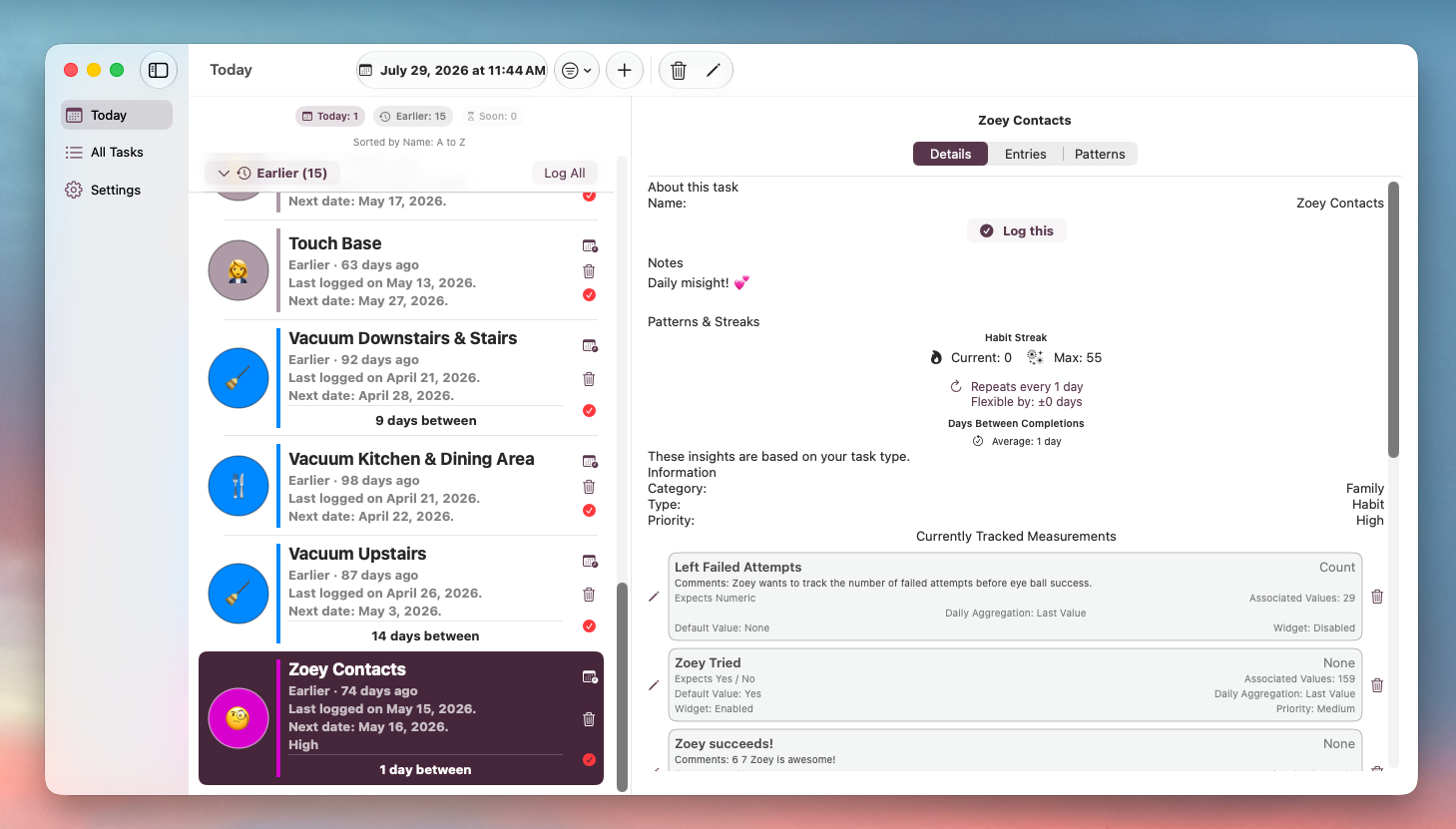 Mac app window showing a task list sidebar and a detail pane for Zoey Contacts with habit streak and tracked measurements.