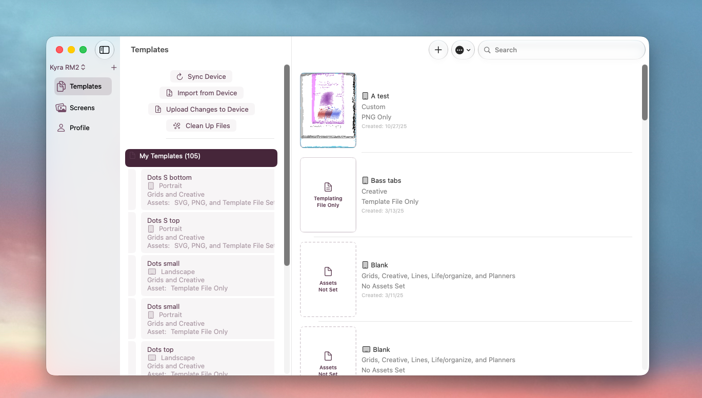 Mac app window showing a sidebar with Templates, Screens, and Profile tabs, sync and cleanup buttons at top, and a list of over one hundred templates with thumbnails.