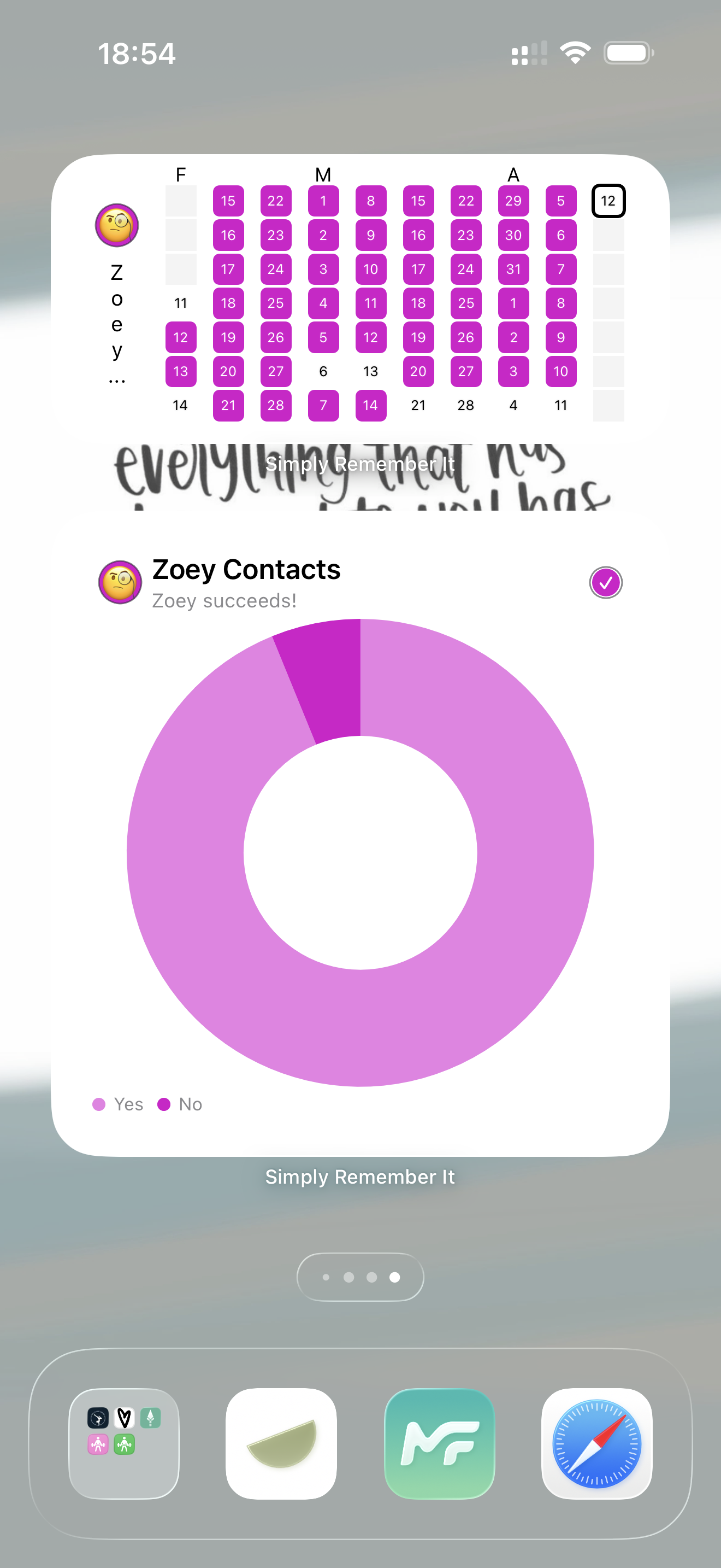 Phone home screen showing a heatmap-style widget and a donut chart widget both displaying task completion data.