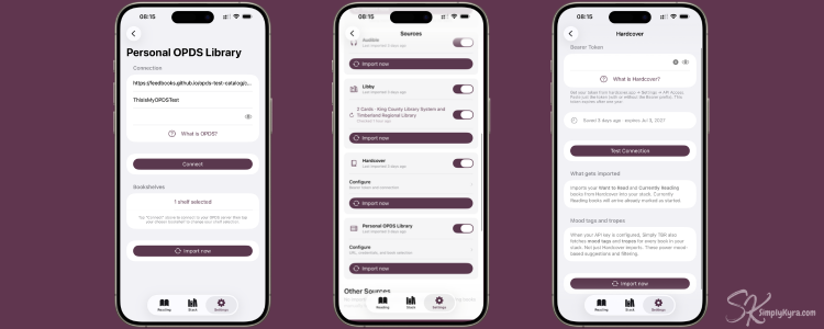 Collage of three phones showing the updated Source Settings (center) surrounded by the OPDS and HardCover entry sheets.