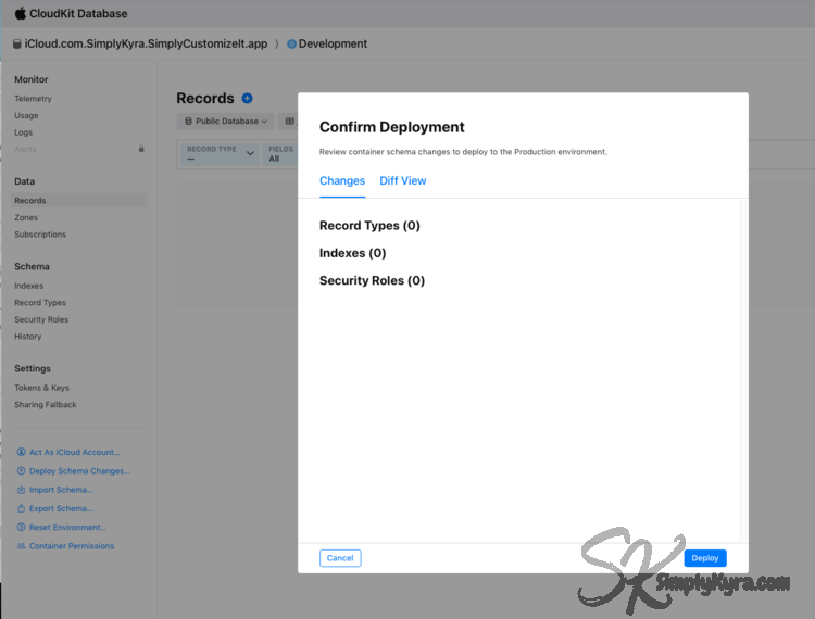 Under Changes each section (Record Types, Indexes, and Security Roles) all have 0 changes.