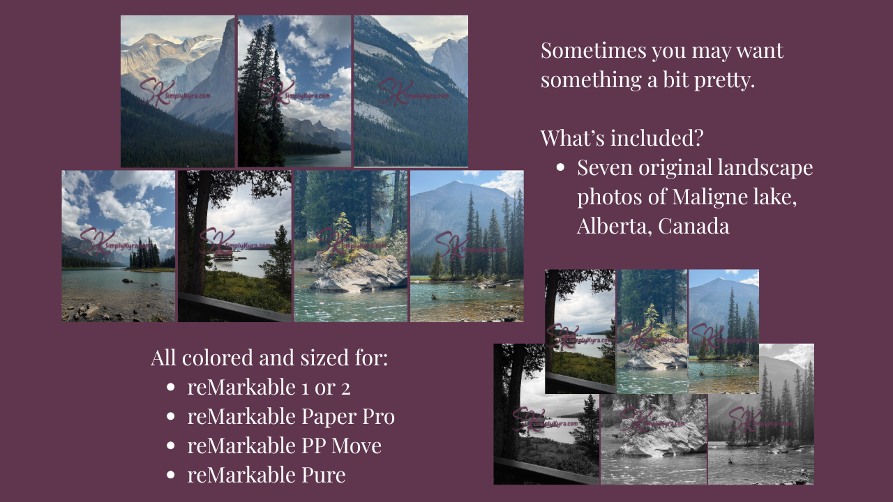Collage of all 7 images offered along with three alternative sizes for other reMarkable devices. Text around the images explain. 