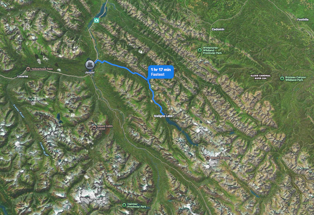 Screenshot of the 1 hour and seventeen minute drive on my maps app... and the only viable route. 