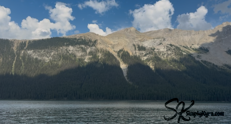 Water, trees, mountain, blue sky, and fluffy clouds. 
