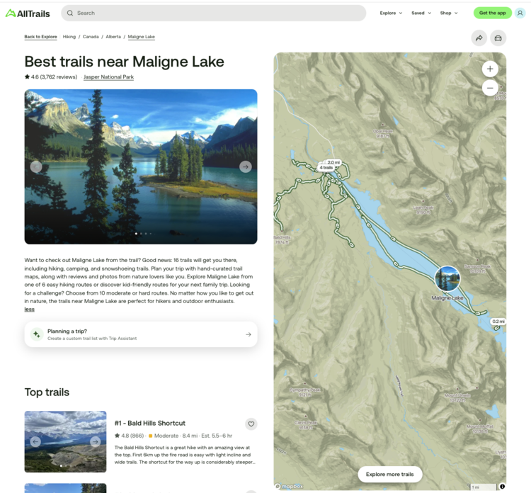 Image shows a map with trails shown on the right and on the left a description of Maligne Lake with the top trails listed below. 