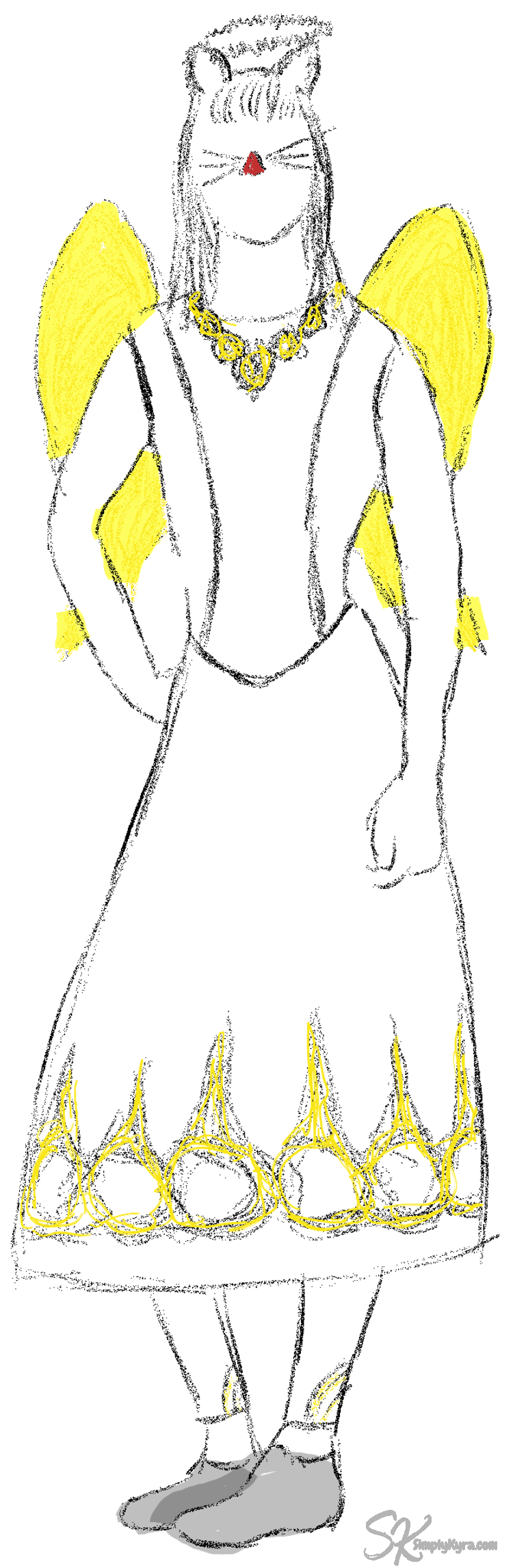 White dress, gold highlights, gold wings, white ears, and simple halo.