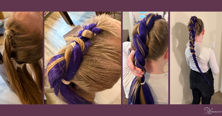 Collage showing the steps of divine the hair, then attaching the hair, and braiding it down.