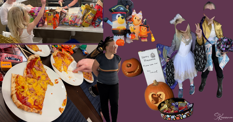 Collage of the pizza, candy trading while I made pizza, costumes, and candy laid out.