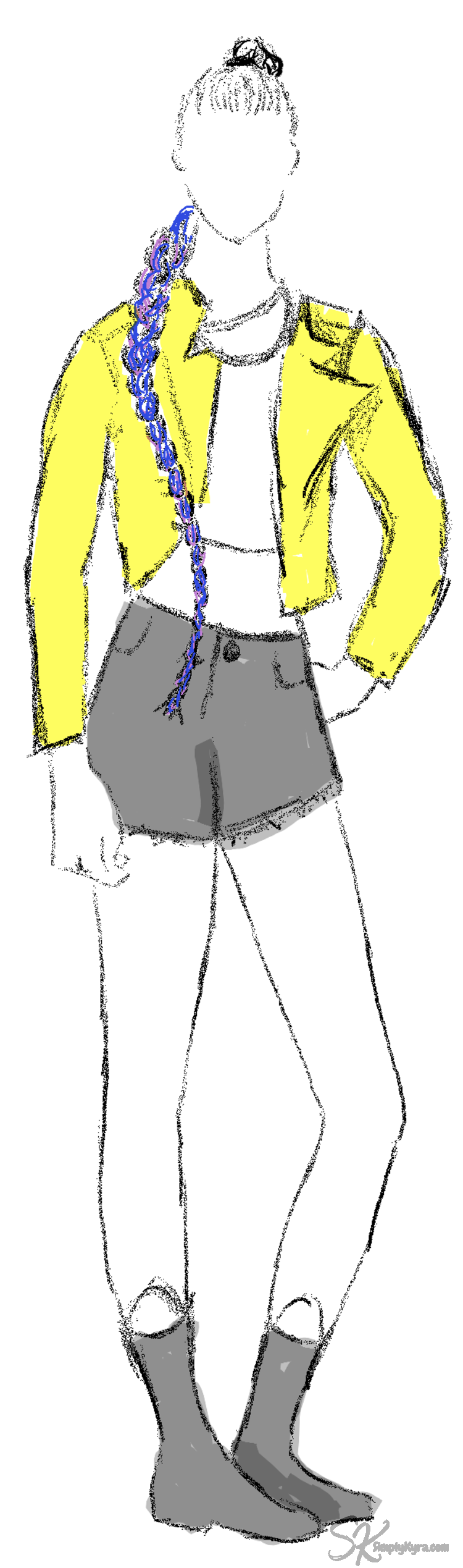 Rubber boots, leggings, shorts, white top, gold jacket, and purple braided hair... and she was Rumi.