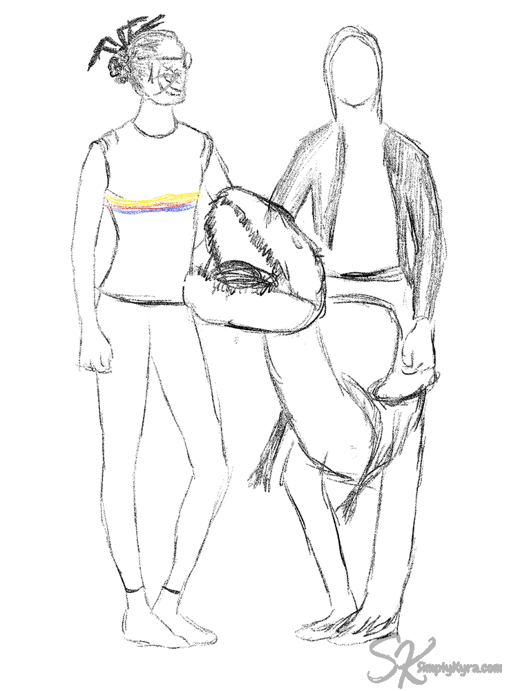 Side by side croquis drawings of the outfits of Matt and I.