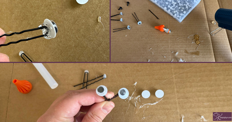 Collage showing the glued on eyes, copious amounts of glue strings, and the pieces.