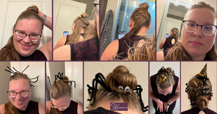 Collage of six in progress photos and three finished views of the hair.