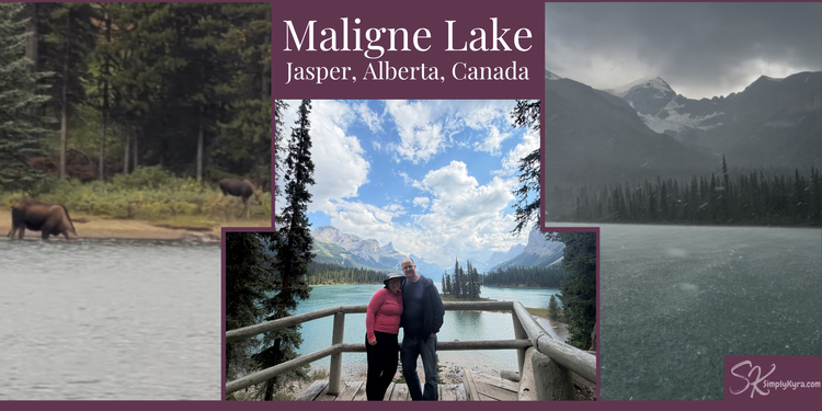 Collage showing multiple images of Maligne Lake along with the name. 