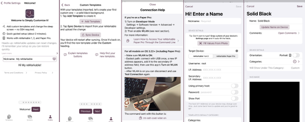 Updated Simply Customize It onboarding screens showing welcome, connection help, device setup, and creating a custom template with a black background.