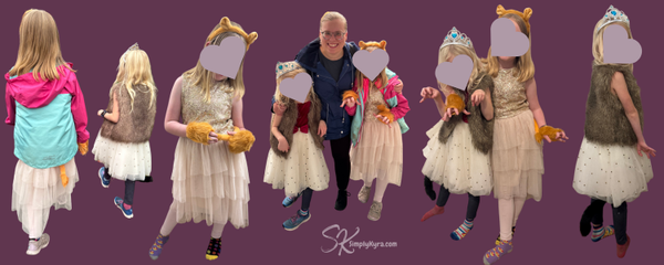 Several images of the girls in Halloween costumes on on a purple background.