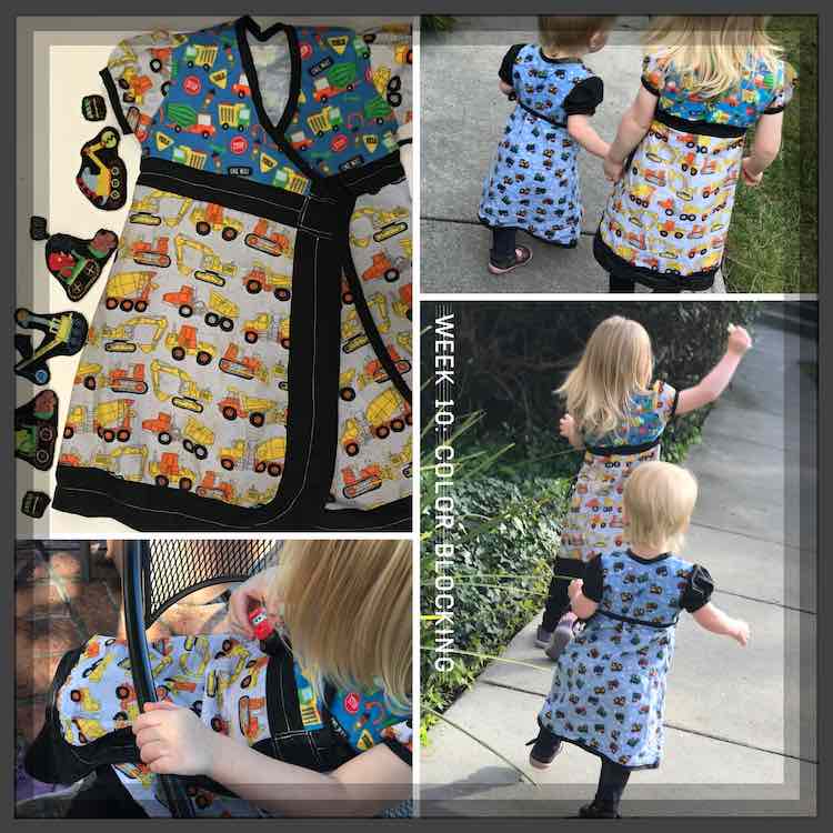 Multiple views of the color-blocked and regular bubblegum dress.