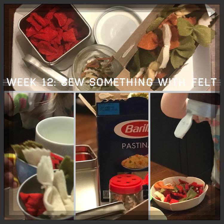 Used felt to make bowtie pasta, diced tomatoes, and used the edges of the pasta for cheese shavings.