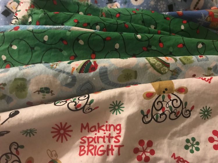 For the outside of the stocking I used prewashed cotton fat quarters I bought on sale from Walmart after Christmas.