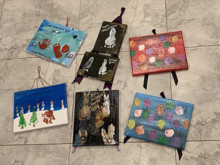 Another picture of all six canvases this time with the glare on the Happy Birthday signs more than the other.