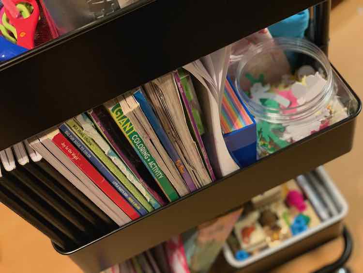 Top down view of the art trolley showing the middle and bottom shelves. At this time the paper and stickers were corralled in the center shelf and the stamps and stuff were in the bottom. All the crayons, etc are out of sight on the top shelf.
