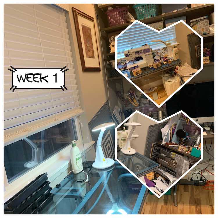 Image shows a full square image of a cleaned sewing table with computer on a desk in the background. Overlaid is the caption "week 1" along with two heart shaped images to the right. The top image shows a messy sewing desk while the bottom image shows a messy floor and desk.