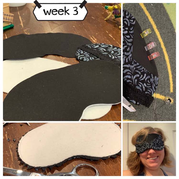 Image shows a collage of found images separated by a white strip. The top left image, show the different layers of the mask, is the largest and the bottom rightmost image, of me wearing the finished mask, is the smallest. The top right image shows a closeup of the section I hand stitched closed while the bottom left image shows the inside out mask with the seam allowance carefully trimmed.