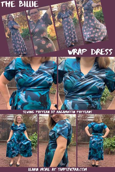 Pinterest image showing two different dresses. The first has four views, angled, across the top while the second has five views. All images are below in the blog post. Since this is a Pinterest collage image it also shows the title of the post (using the term dress), where the pattern is from, and my website URL.