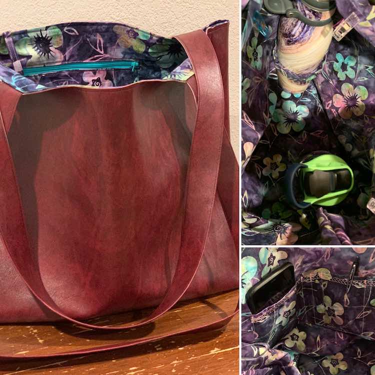 Image shows a collage with three photos. The left one takes the whole height of the image and shows the side of a a leather-looking tote. The right top image is looking down into the tote showing the flowered fabric and two water bottles attached via a fabric looped. The last image at the bottom right shows the inner openings in the pocket holding a pen and a phone.