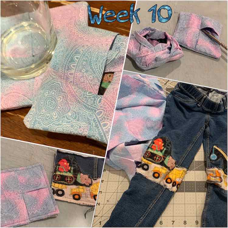 Image shows a collage of four photos laid out at an angle and staggered. The top right and bottom left images are smaller than the other two and, along the top, is overlaid the text "week 10" in an ocean looking blue. The bottom right image shows a pair of patched kid's pants next to bunched up fabric. Clockwise from there is shown two inside out coasters, two normal peek-a-book coasters overlapped with a glass on one, and two coasters showing the peek-a-boo aspect better.