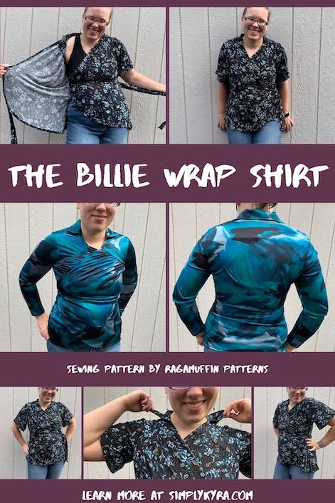 Pinterest image showing two different tops. The first has two views centered vertically on the image showing the front and back. The second shirt is shown in five images across the top and bottom. Since this is a Pinterest collage image it also shows the title of the post (using the term shirt), where the pattern is from, and my website URL.