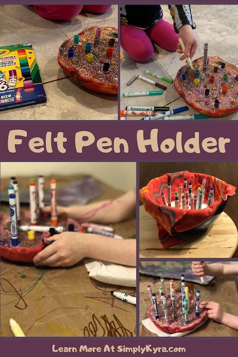 Pinterest image showing a collage of five images (all shown below) of the felt pen holder along with the title and URL of my blog post.