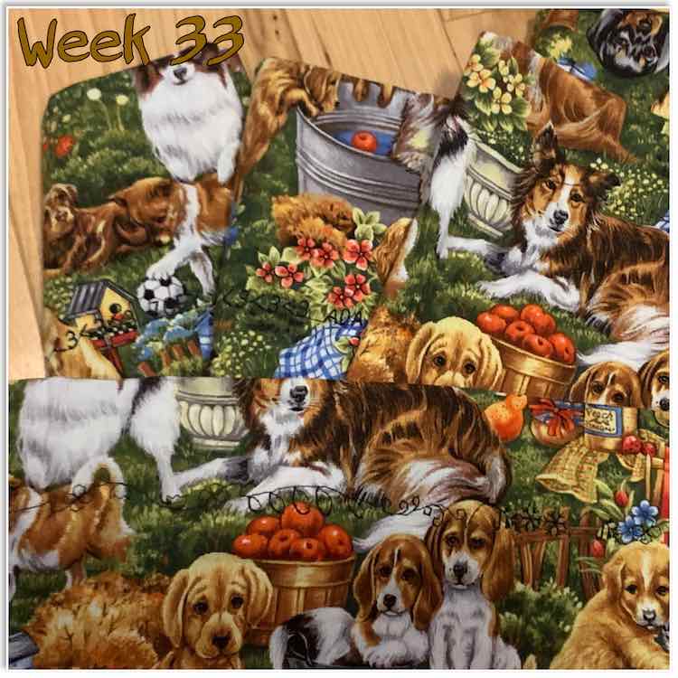 Image is a single photo overlaid in brown with the words "week 33". The image shows the opening of four pillows laid out so you can see the black decorative stitches about an inch or two from the folded edge of the pillow.