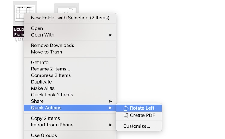 There's enough background to show two image files being selected. In front of the images is a drop-down menu, from right-clicking, showing the Quick Actions option highlighted and the sub menu with the Rotate Left and Create PDF options.