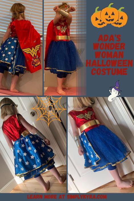 Pinterest image showing a collage of four images of Ada in her costume (also shown below), the blog title, my URL, and a couple Halloween clip-arts featuring pumpkins, a ghost, and a spider on it's web.