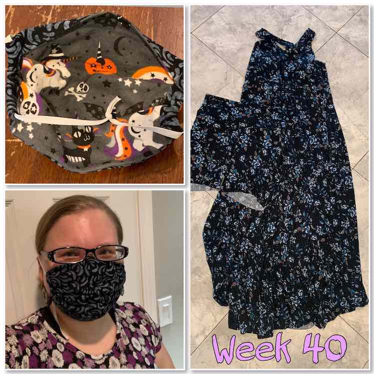 Image is a collage of three images again. The rightmost image shows a flowered floor length dress with a matching pair of shorts laid overtop. The two images on the left show the Iris Luckhaus face mask on my face, bottom, and the inside view, top. At the bottom right there's lavender text saying "week 40".