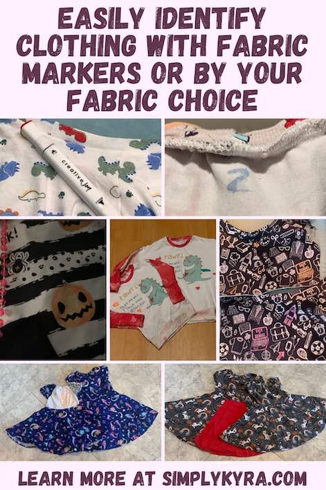 Pinterest image showing a collage of seven images showcasing ways of altering clothing to make it more identifiable. All images are also found below. Above the image the blog title is shown and below it reads the main url of my website.