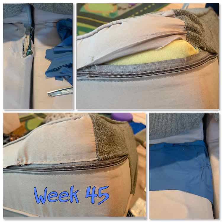 Image is a collage of four photos and the words "week 45". The top two images show the ripped fabric above the wood and by the cushion's zipper. The bottom two images show the mended couch cushion and the base with the covered wood.