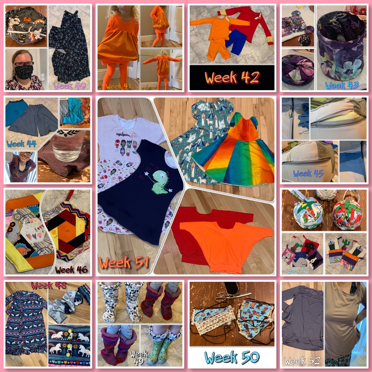 Image is a collage of the last thirteen weeks in the sewing challenge. All images can be found above.
