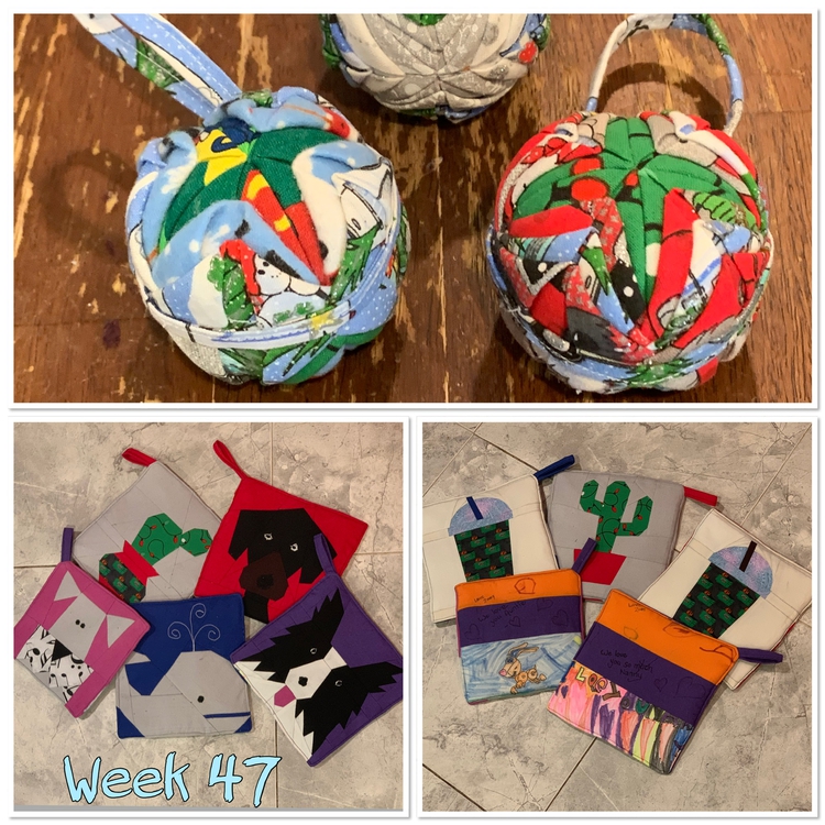 Image is a collage of three photos. The top image takes up the entire top showing some spherical ornaments with Christmas fabric. The bottom two images are basically the same thing showing a section of potholders on either side.
