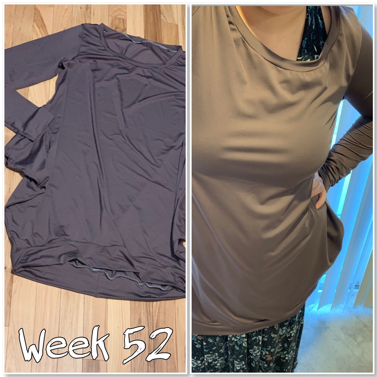 Image shows two photos side by side of the same top although they look different colors in the photos. At the bottom left it says "Week 52". The left image shows a blue long sleeved tunic on the ground while the right image shows the same tunic looking grey worn overtop of my dress.