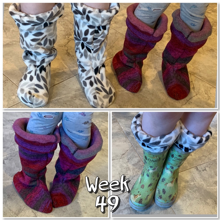 Image is a collage of three photos showing the boot liners on both girls feet, top, on Zoeys, bottom left, and within a rubber boot for Ada's. Centered at the bottom it says "week 49".