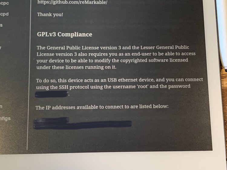 Image shows the information under the "GPLv3 Compliance". The password and IP addresses are redacted.
