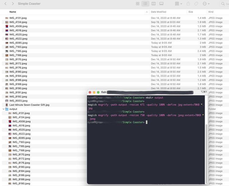 Image shows the directory containing the coaster images again. This time there's more files within the output directory as, you can see in the terminal to the right, the "mogrify" command was run twice so all the images were resized and compressed. 