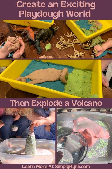 Pinterest aimed image displaying the title of the post, the main URL, and four images from the post. The first two images are stacked between the title's lines and shows the playdough world being made within yellow bins. The bottom two images are side by side showing the playdough coated bottle as a volcano. All four images can be found below.