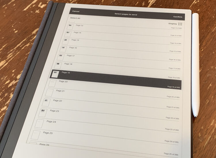 Image shows a list of all the pages in my PDF which allows me to select the ones I want to email myself.