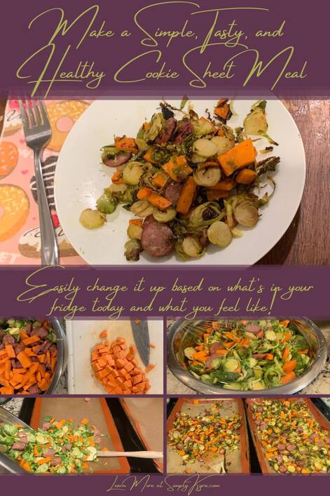 Pinterest-geared image showing the blog title, some subtext, my main URL, and five images. The top image, under the title, shows a plate with this on it. Underneath it says "easily change it up based on what's in your fridge today and what you feel like!". Below that are four images showing the yams being cut, the bowl wrapped in plastic wrap, pouring the contents of the bowl on a cookie sheet, and the dish fresh out of the oven. 