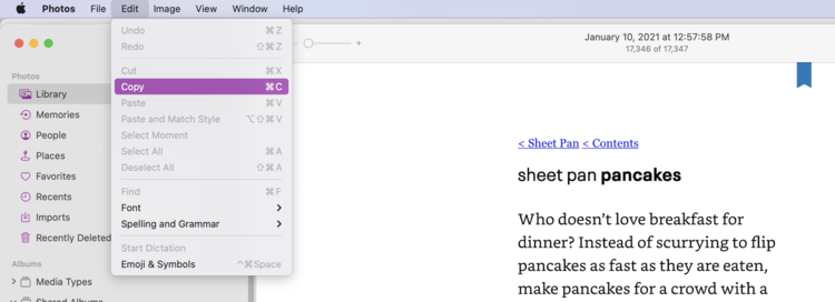 Image shows the screenshot from the cookbook opened on my computer in the Photo app. The Edit menu is opened with the Copy row highlighted.